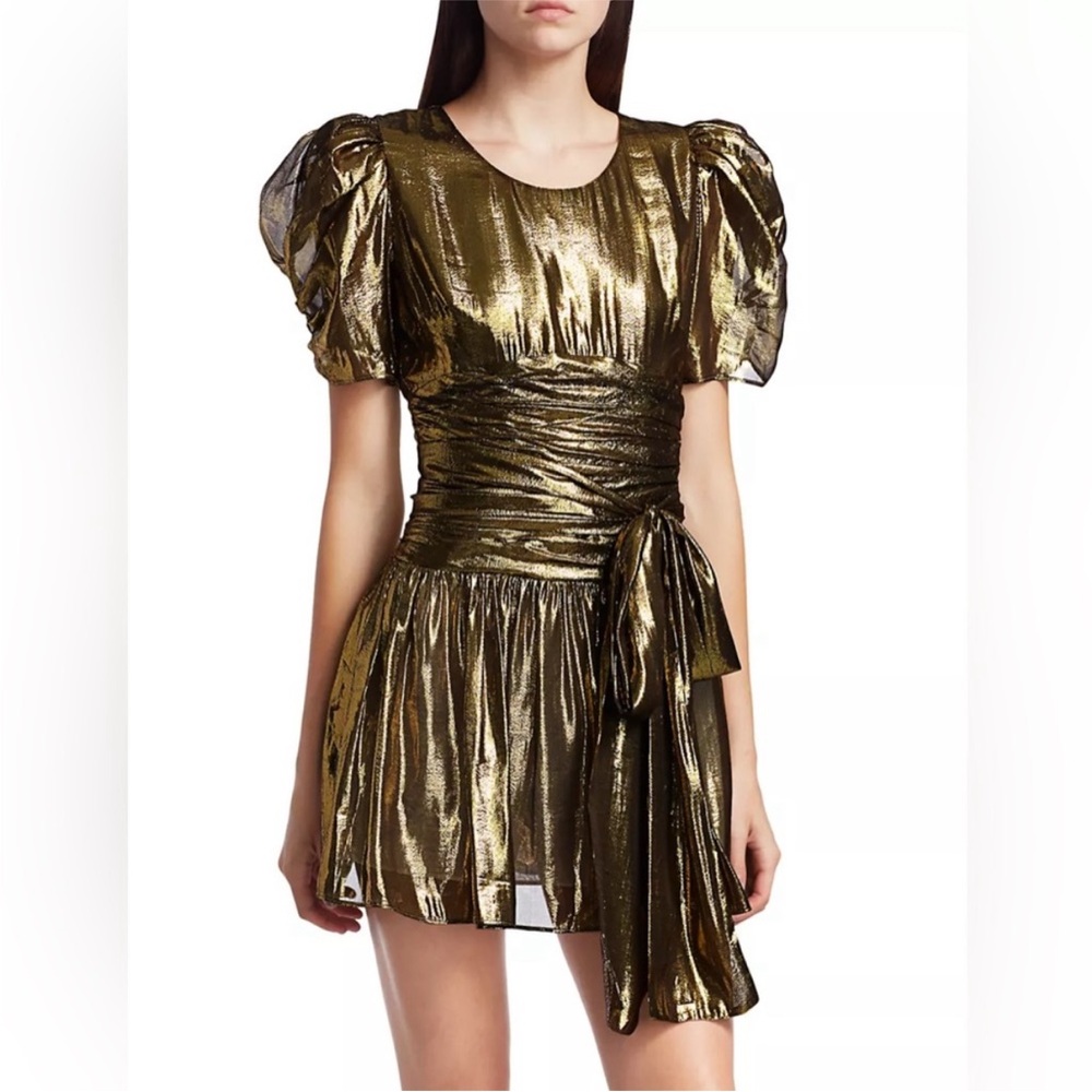 LoveShackFancy Mercy Silk Metallic Puff Sleeve Mini Fit and Flare Dress Size 0
